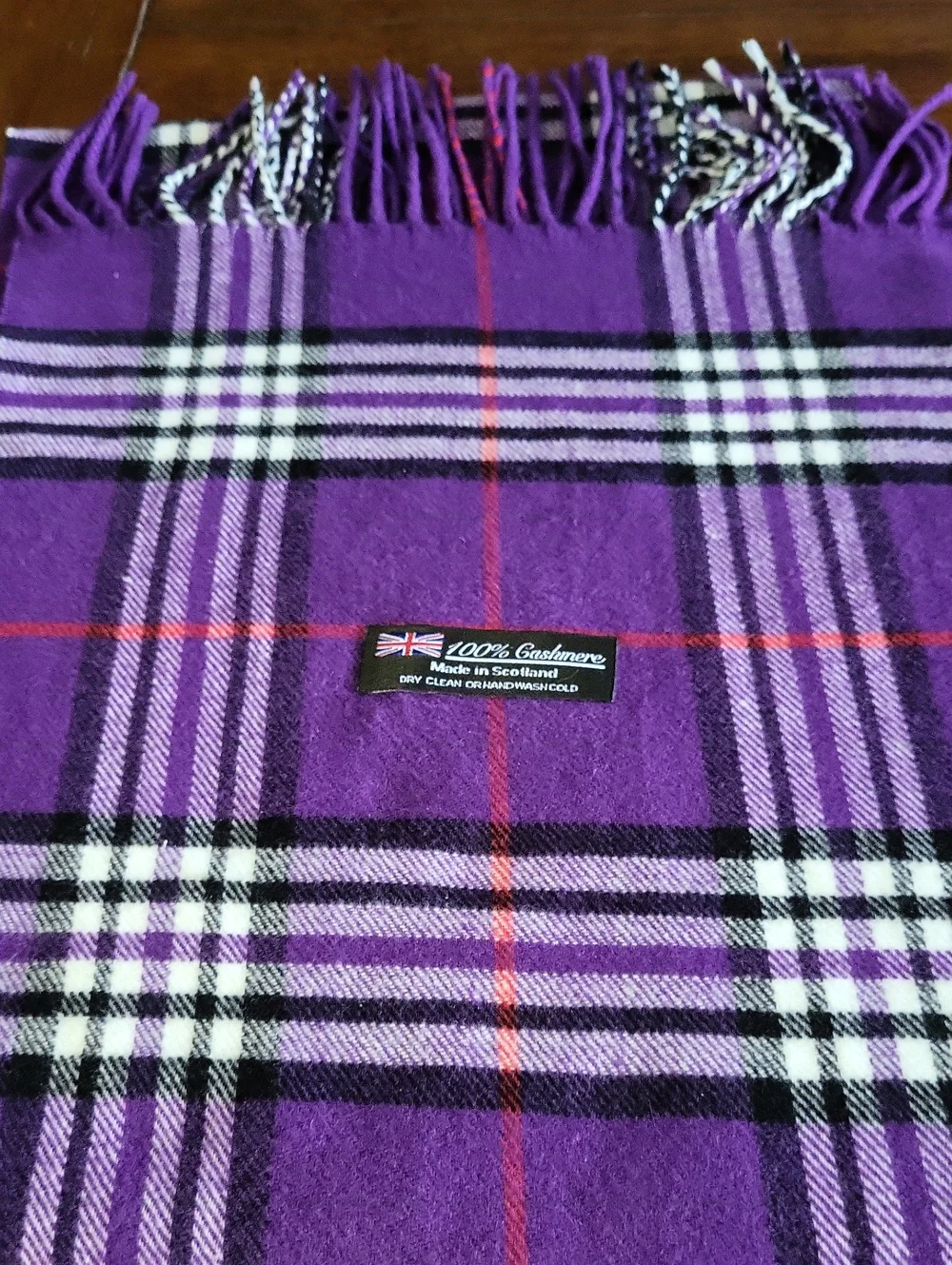 100% Cashmere Scarf - Purple with Red Stripe